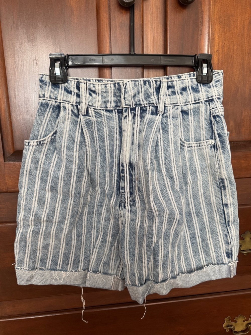 Free People Striped Denim High-Waist Shorts - Blue/White